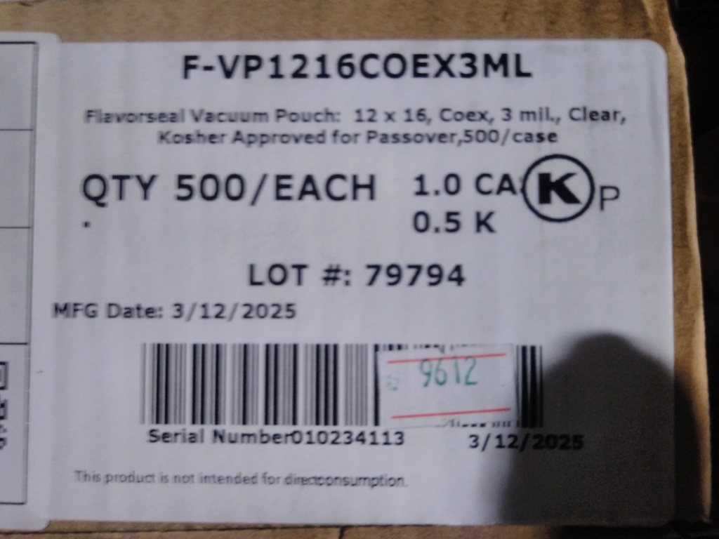 BAG, Plastic, Vacuum, 12"x16", # 78679, Pouch, 2-250 ct  