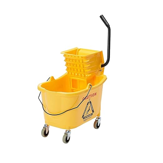 CLEANING, Bucket, Mop, Yellow, Plastic, Mop  Basics Side Press, Wringer Combo, Commercial Floor, Rectangular on Wheels, 35-Quart 